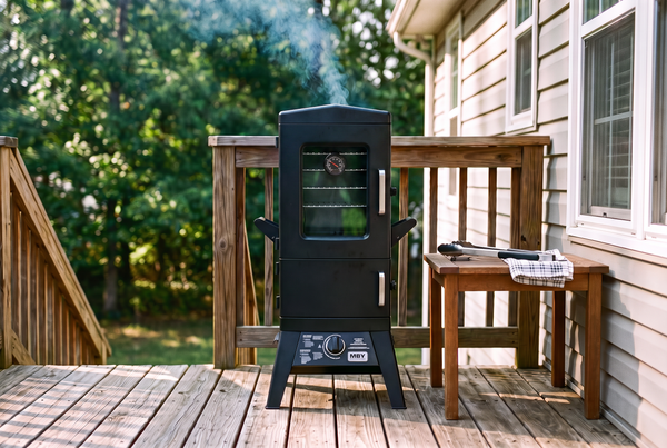 Vertical propane smoker with glass door smoking on a wooden deck in morning light