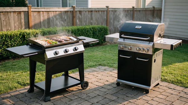 Propane flat top griddle cooking burgers and peppers beside a closed four-burner gas grill on a backyard patio