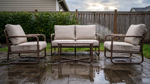 Powder-coated aluminum patio conversation set with damp beige cushions on wet pavers after rain, sky clearing behind