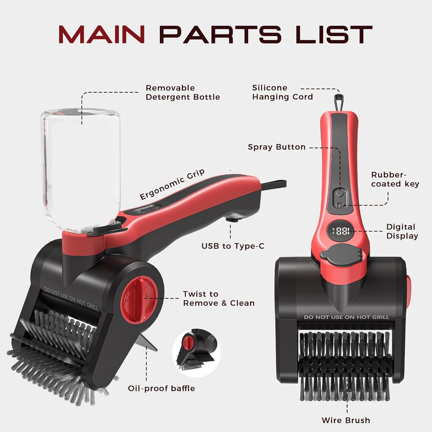 Cordless Electric Grill Cleaning Brush with Water Spray, Rechargeable BBQ Grill Scrubber with Dual-Speed Cleaning, Waterproof Design & Built-In Scraper for Gas and Charcoal Grills
