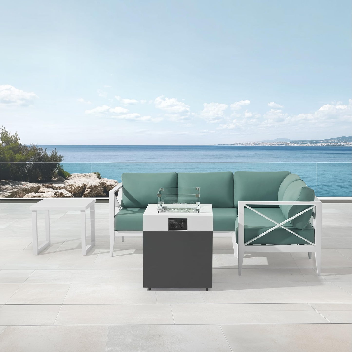 MBY Outdoor Aluminum Patio Furniture Set, 5-Seats Patio Conversation Sofa Set with 37,000 BTU Fire Pit Table w/Glass Wind Guard, All Weather for Pool, Balcony, Garden-Brown