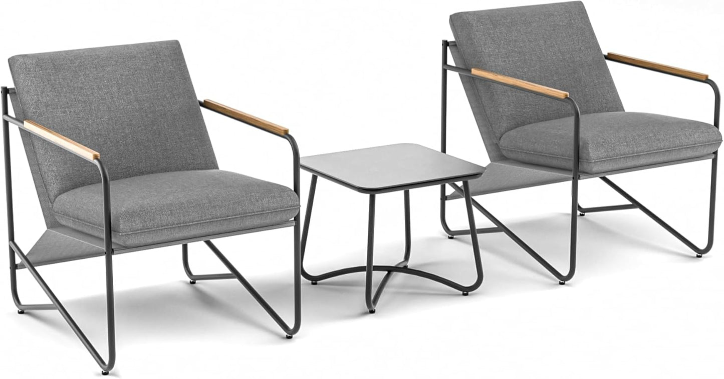 MBY 3-Piece Patio Furniture Set, Compact Outdoor Conversation Set with 2 Chairs and Glass Table, Weather-Resistant for Apartment Patio, Small Spaces, Balcony, Backyard – Grey
