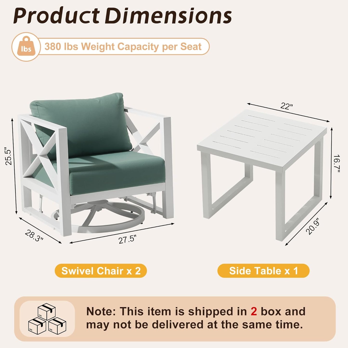 MBY 3 Piece Patio Outdoor Aluminum Swivel Rocking Chair with Coffee Table and 6" Thickened Cushions, All Weather Outdoor Furniture Chairs for Garden, Poolside, Deck-White