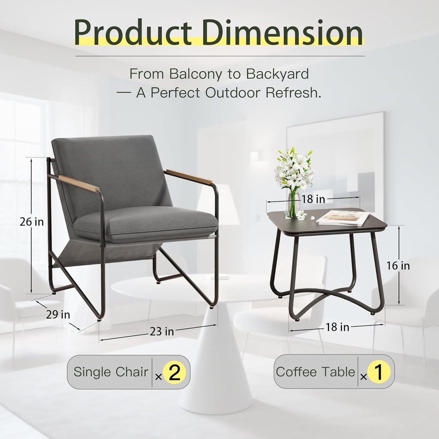 MBY 3-Piece Patio Furniture Set, Compact Outdoor Conversation Set with 2 Chairs and Glass Table, Weather-Resistant for Apartment Patio, Small Spaces, Balcony, Backyard – Grey