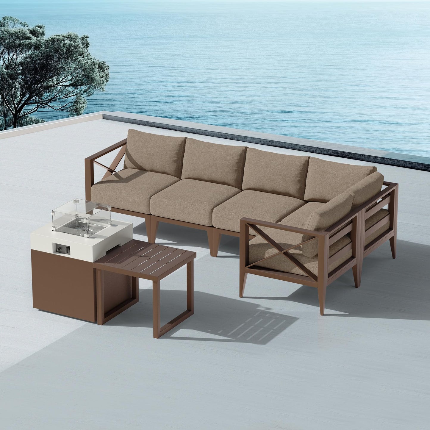 MBY Outdoor Aluminum Patio Furniture Set, 5-Seats Patio Conversation Sofa Set with 37,000 BTU Fire Pit Table w/Glass Wind Guard, All Weather for Pool, Balcony, Garden-Brown
