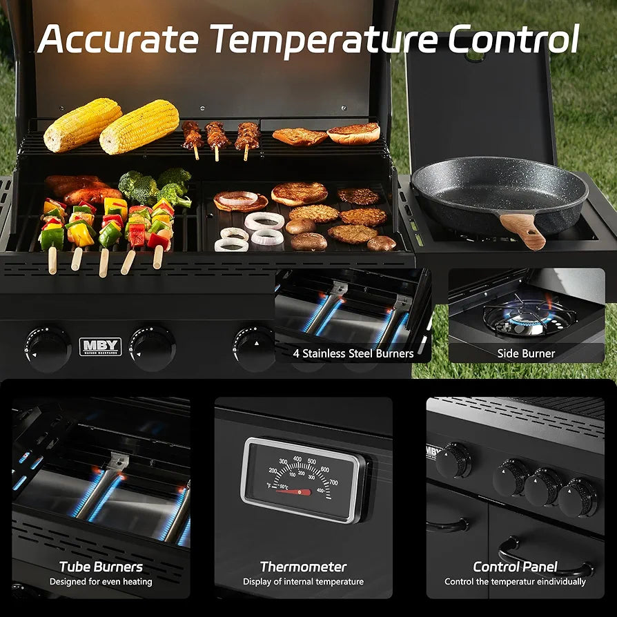 MBY 4-Burner Propane Gas Grill with Side Burner, 50,000 BTU Heavy Duty BBQ Grill, Cast Iron Griddle & Cooking Grates for Outdoor Barbecue