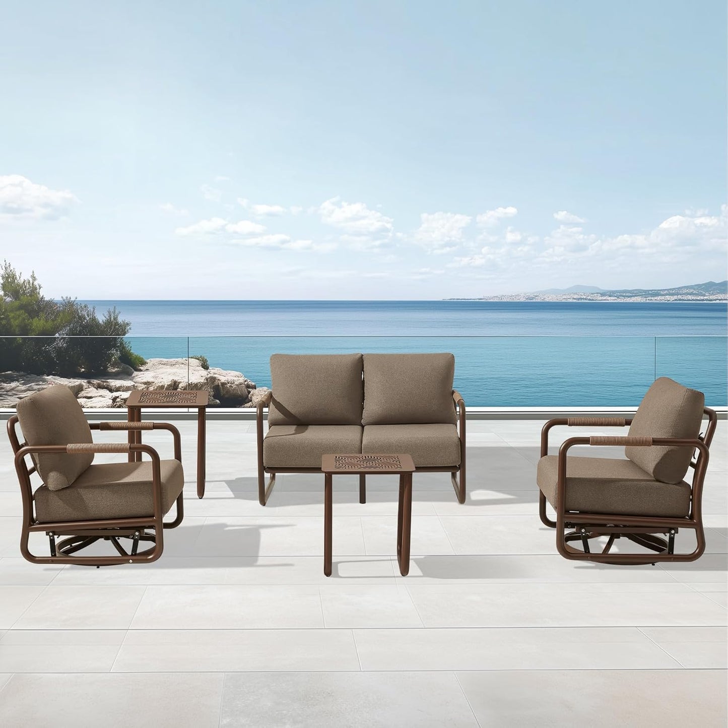 MBY Outdoor Aluminum Patio Furniture Set, 4-Seats Patio Conversation Sofa Set with 2 Coffee Tables and 2 Swivel Rocking Chairs, All Weather for Balcony, Garden-Brown