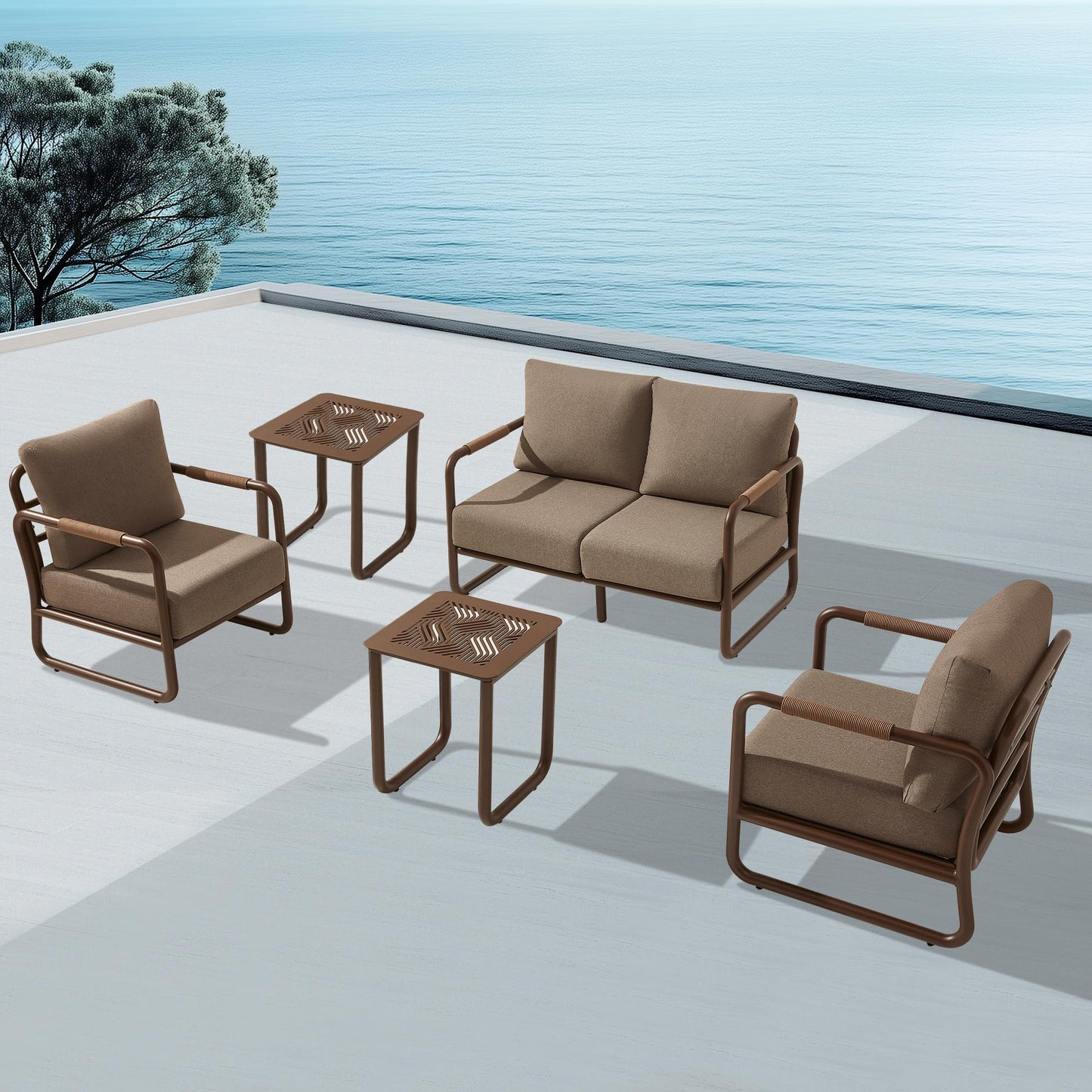 MBY Outdoor Aluminum Patio Furniture Set, 4-Seats Patio Conversation Sofa Set with 2 Coffee Tables and 2 Swivel Rocking Chairs, All Weather for Balcony, Garden-Brown
