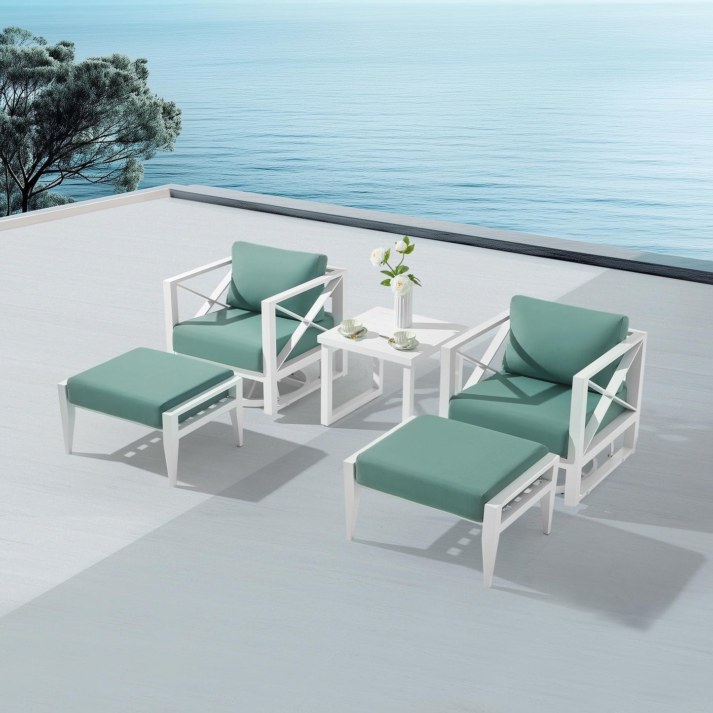 MBY 3 Piece Patio Outdoor Aluminum Swivel Rocking Chair with Coffee Table and 6" Thickened Cushions, All Weather Outdoor Furniture Chairs for Garden, Poolside, Deck-White