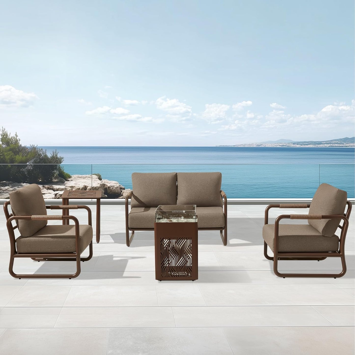 MBY Outdoor Aluminum Patio Furniture Set, 4-Seats Patio Conversation Sofa Set with 45,000 BTU Fire Pit Table w/Glass Wind Guard, All Weather for Pool, Balcony, Garden-Brown