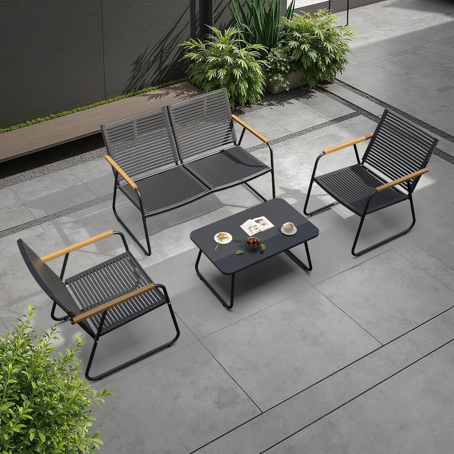 MBY 4-Piece Patio Furniture Set, Compact Outdoor Conversation Set with Loveseat, 2 Chairs and Glass Table, Weather-Resistant for Apartment Patio, Small Spaces, Balcony, Backyard – Black