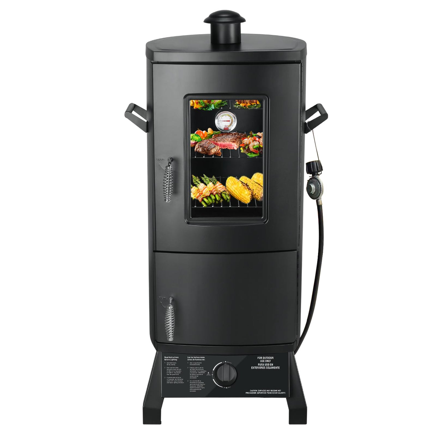 Compact vertical propane smoker with cover and 3 removable smoking racks, black