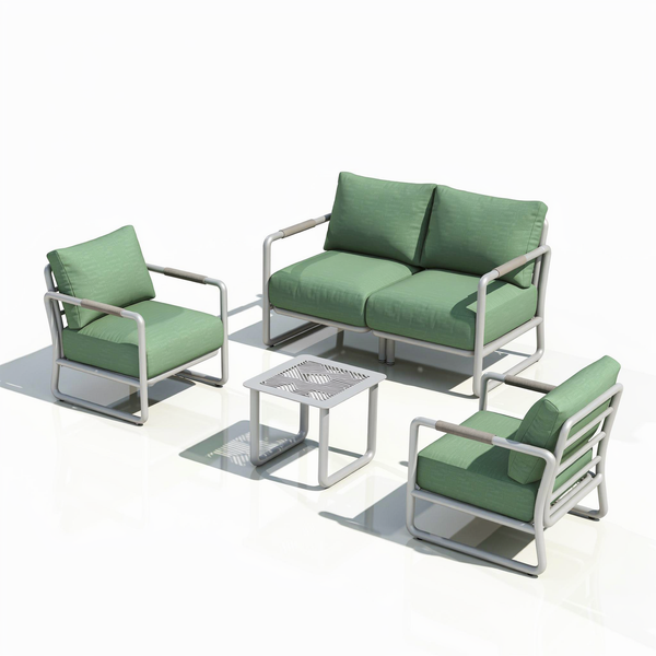 Maison Backyards 4-seat aluminum patio conversation set with swivel chairs and side table, green cushions, on studio background