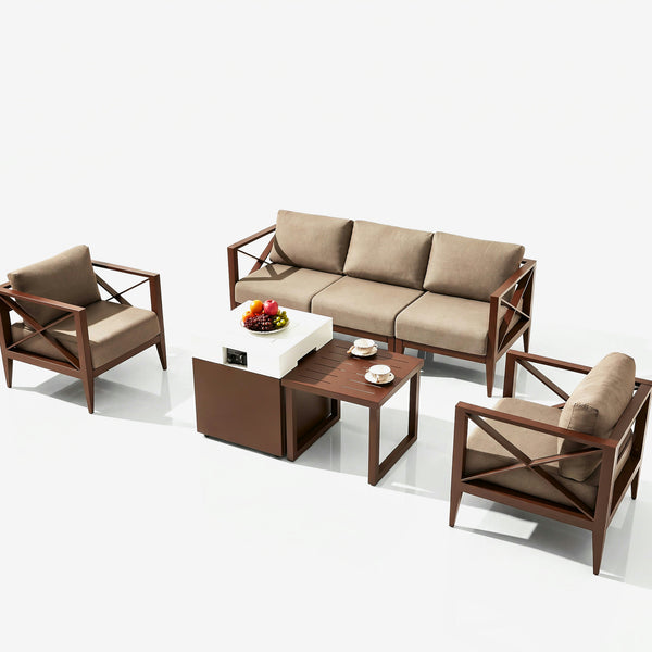 Maison Backyards aluminum patio conversation set with 37,000 BTU fire pit table on studio background