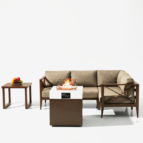 Maison Backyards aluminum 4-seat patio set with corner sofa and fire pit table on studio background