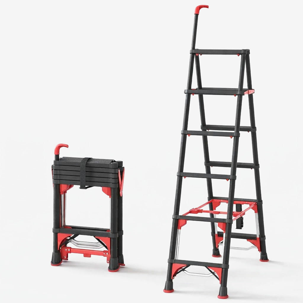 Maison Backyards 4-step folding ladder, black, folded and extended
