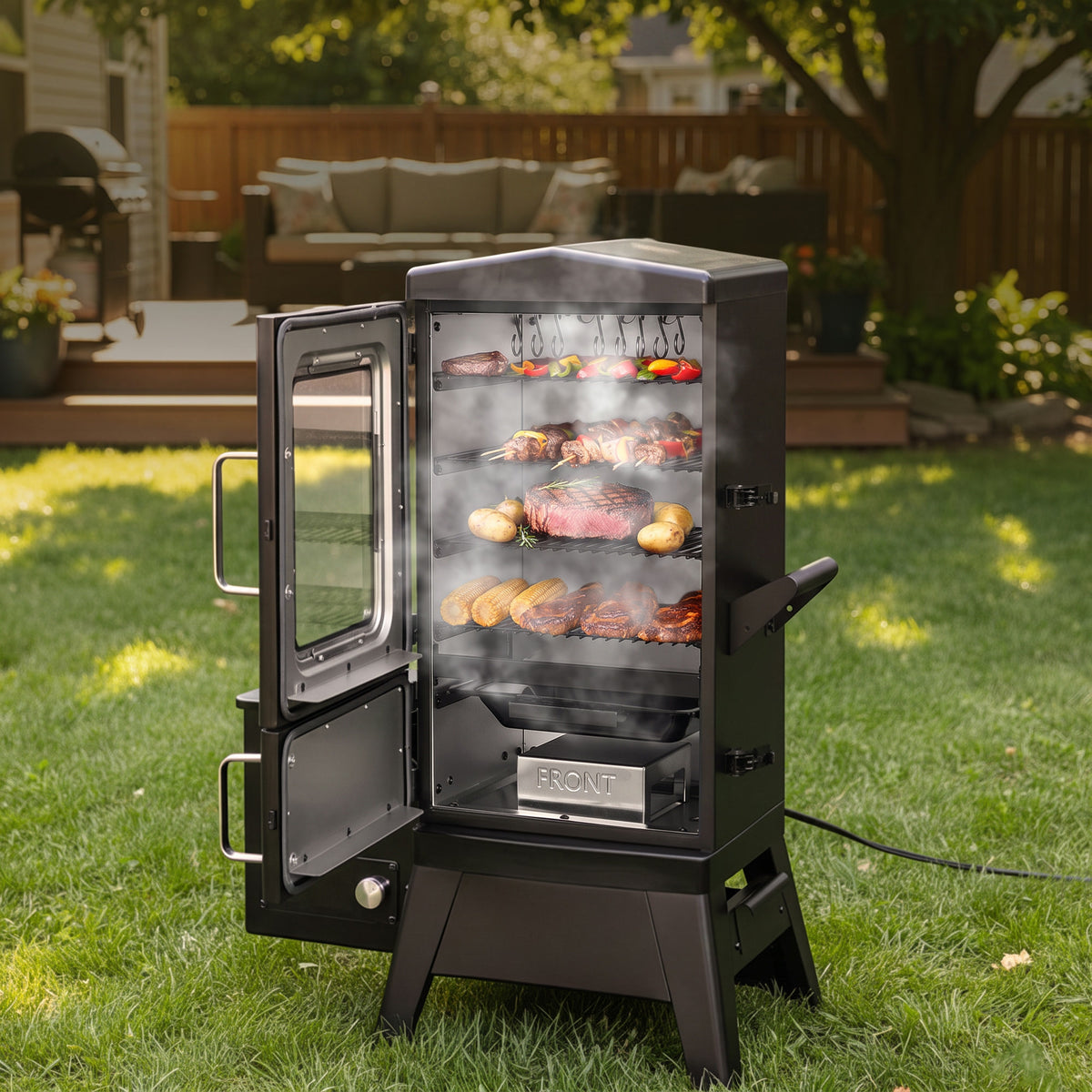 MBY vertical electric pellet smoker with door open and four racks of food smoking on a backyard lawn