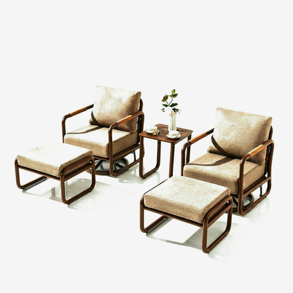 Maison Backyards 5-piece aluminum swivel rocking chair set with ottomans on a light studio backdrop