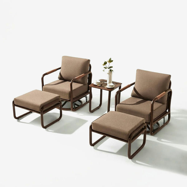 Maison Backyards 5-piece aluminum swivel rocking chair set with ottomans and side table on a light studio backdrop