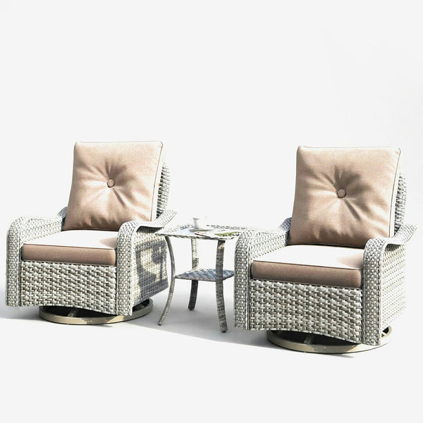 Maison Backyards 3-piece wicker swivel rocker patio chair set with side table on a light studio backdrop