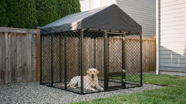 Heavy-duty steel outdoor dog kennel with weatherproof roof on gravel, a Labrador resting inside a fenced backyard