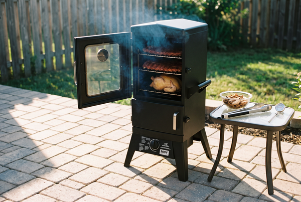 Vertical propane smoker with the door open showing racks of ribs and chicken, wood chips and tongs on a side table