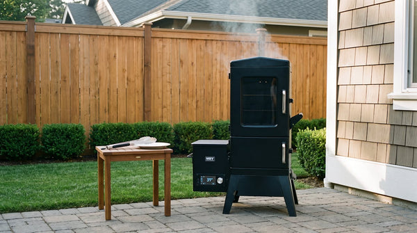 Black vertical pellet smoker running on a paver patio with thin smoke rising and its digital controller lit