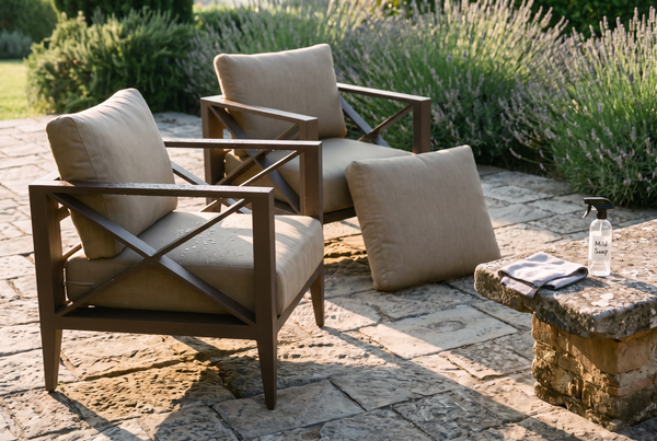 Aluminum patio chairs with water droplets being cleaned with mild soap and a cloth on a stone terrace, showing outdoor aluminum furniture care