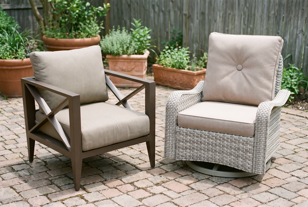Bronze aluminum X-frame club chair beside a grey wicker swivel rocker on a brick patio, comparing aluminum and wicker outdoor furniture