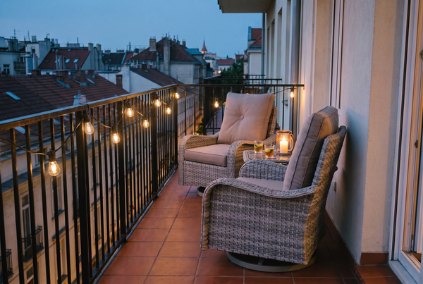 Two wicker swivel rocker chairs with a side table on a small city balcony at dusk with string lights