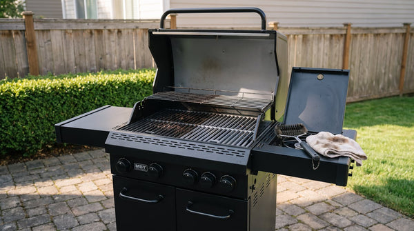 Four-burner propane gas grill on a paver patio, lid open, grates partly cleaned, brush and cloth on the side shelf