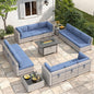 6-Seat Modern Outdoor Wicker Rattan Patio Furniture Set with 55,000 BTU Fire Pit Table, Thick 4″ Cushions, All-Weather Dual-Strand Rattan, Rust-Resistant Steel Frame