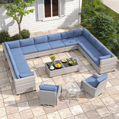 6-Seat Modern Outdoor Wicker Rattan Patio Furniture Set with 55,000 BTU Fire Pit Table, Thick 4″ Cushions, All-Weather Dual-Strand Rattan, Rust-Resistant Steel Frame