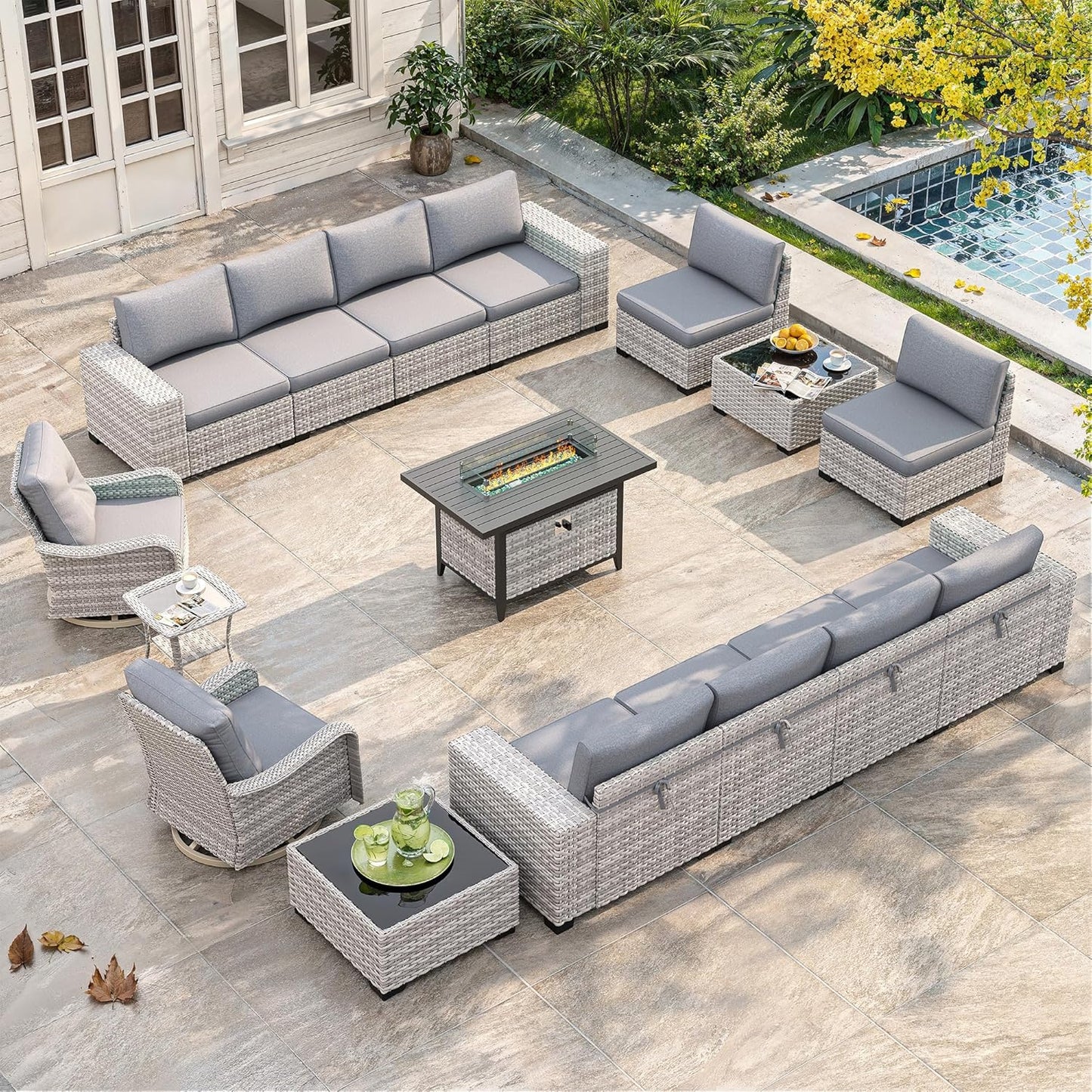 Outdoor Wicker Rattan Sectional Sofa Set with Swivel Chairs & Fire Pit Table, with 4" Thickened Cushions & Coffee Table, All-Weather PE Rattan for Garden, Backyard, Porch