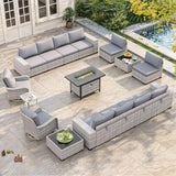 Maison Backyards Outdoor Wicker Sectional Sofa Set with Swivel Chairs & Fire Pit Table