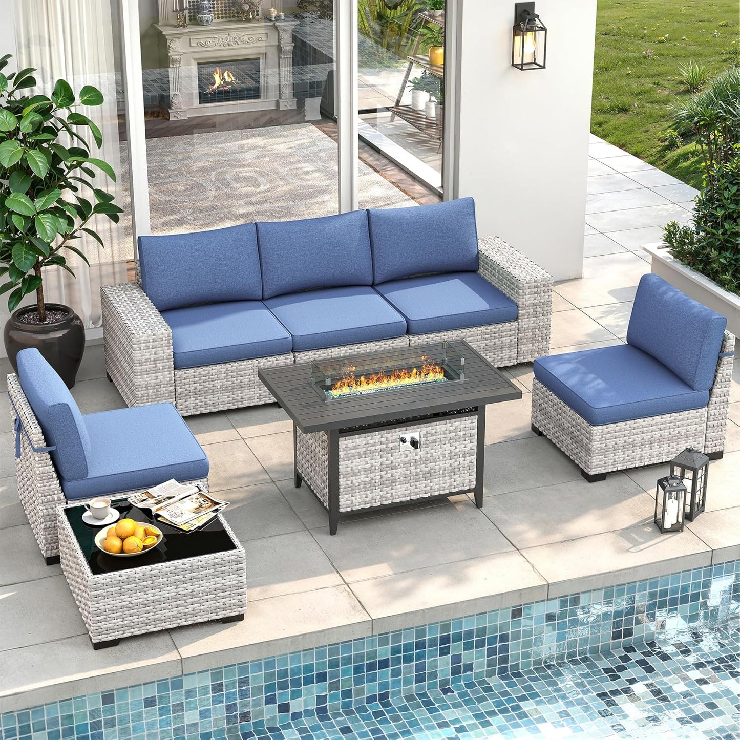 Outdoor Wicker Rattan Sectional Sofa Set with Swivel Chairs & Fire Pit Table, with 4" Thickened Cushions & Coffee Table, All-Weather PE Rattan for Garden, Backyard, Porch