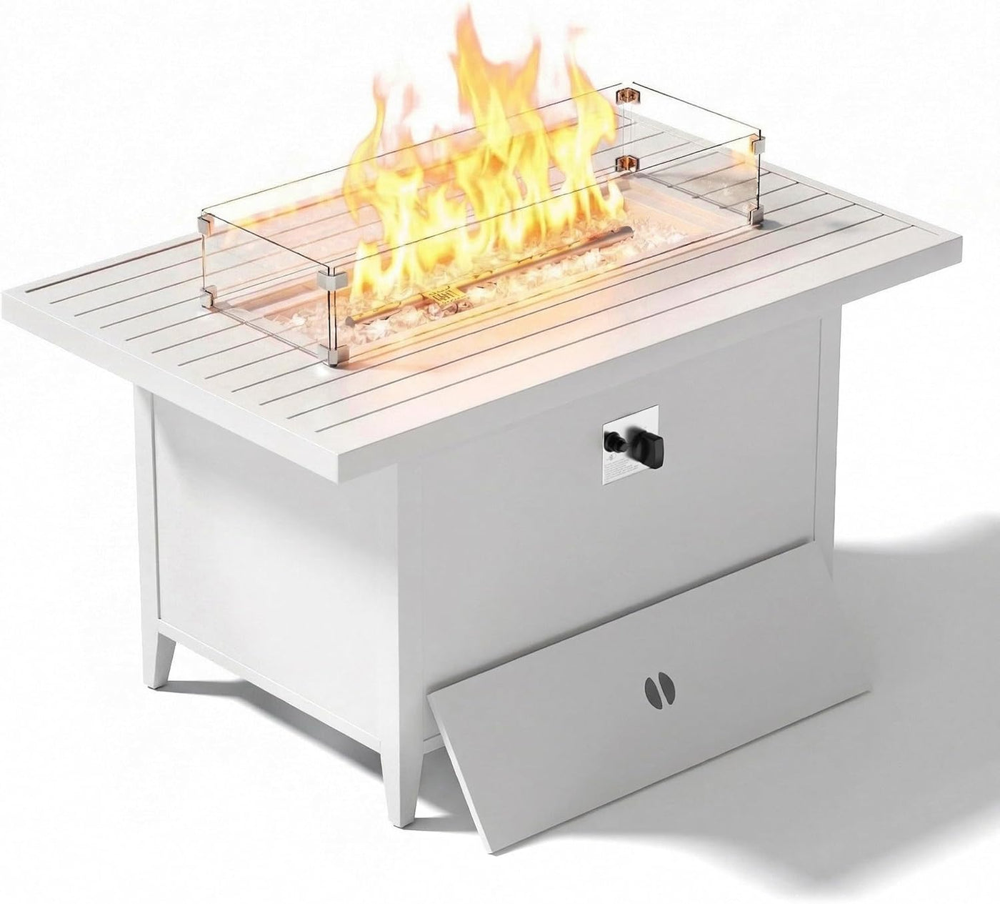 White 43-inch aluminum propane fire pit table with tempered glass wind guard and lit burner
