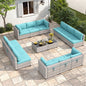 6-Seat Modern Outdoor Wicker Rattan Patio Furniture Set with 55,000 BTU Fire Pit Table, Thick 4″ Cushions, All-Weather Dual-Strand Rattan, Rust-Resistant Steel Frame