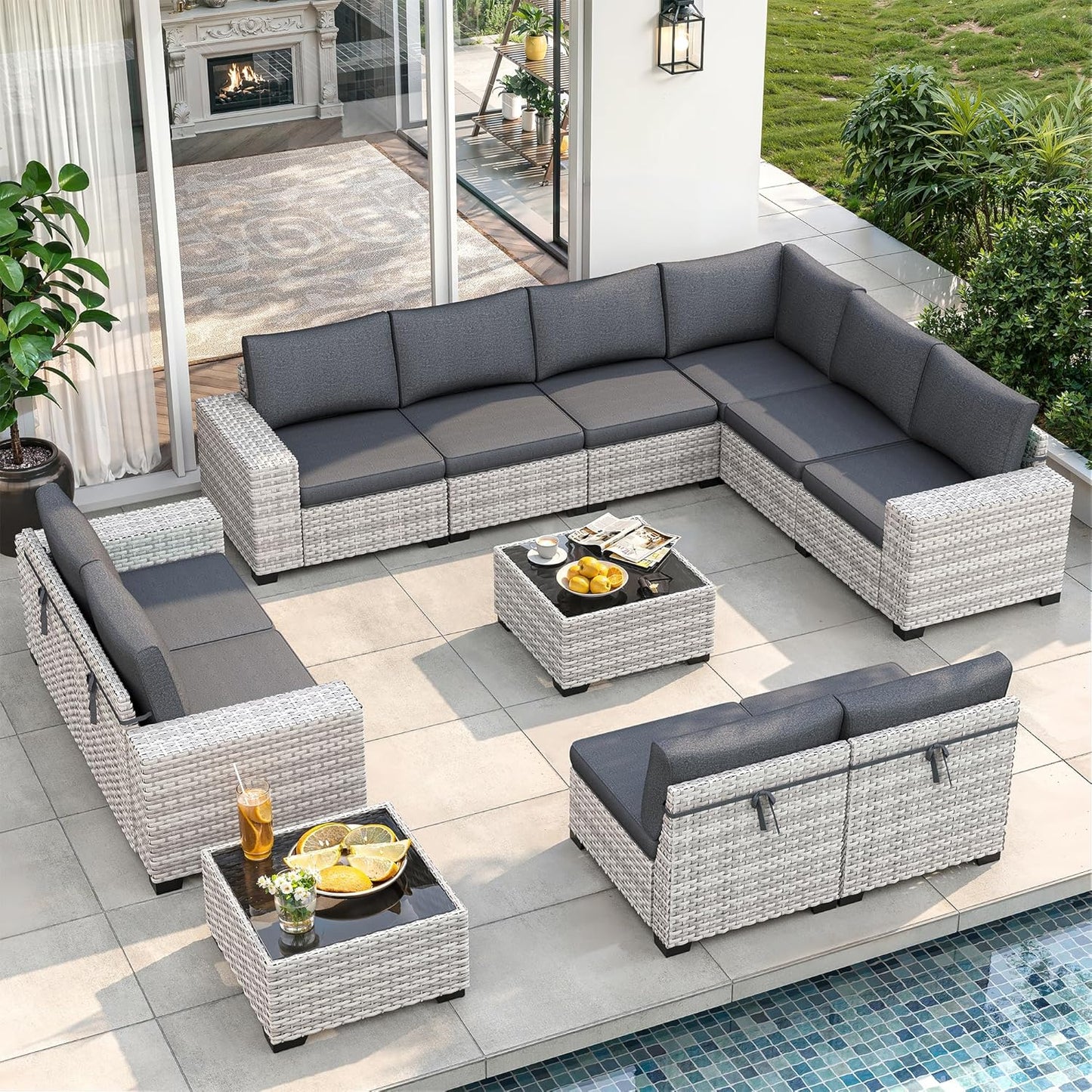 Outdoor Wicker Rattan Sectional Sofa Set with Swivel Chairs & Fire Pit Table, with 4" Thickened Cushions & Coffee Table, All-Weather PE Rattan for Garden, Backyard, Porch