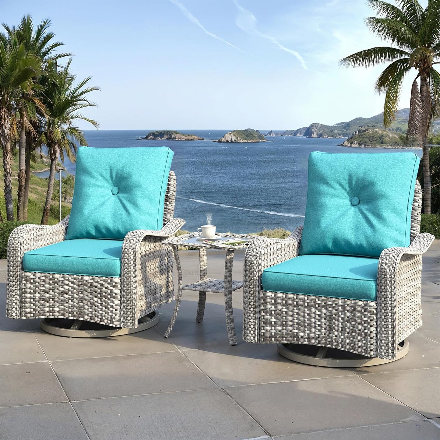 3 Piece Outdoor Wicker Patio Furniture Set,High Back Swivel Rocker Patio Chairs with 4" Thickened Cushions & Side Table, All-Weather PE Rattan for Garden, Backyard, Porch