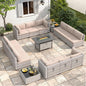 6-Seat Modern Outdoor Wicker Rattan Patio Furniture Set with 55,000 BTU Fire Pit Table, Thick 4″ Cushions, All-Weather Dual-Strand Rattan, Rust-Resistant Steel Frame