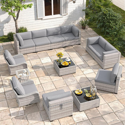 6-Seat Modern Outdoor Wicker Rattan Patio Furniture Set with 55,000 BTU Fire Pit Table, Thick 4″ Cushions, All-Weather Dual-Strand Rattan, Rust-Resistant Steel Frame