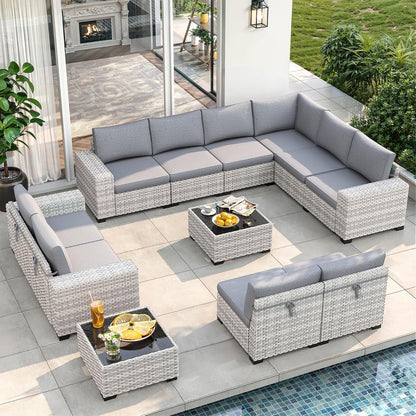 Outdoor Wicker Rattan Sectional Sofa Set with Swivel Chairs & Fire Pit Table, with 4" Thickened Cushions & Coffee Table, All-Weather PE Rattan for Garden, Backyard, Porch