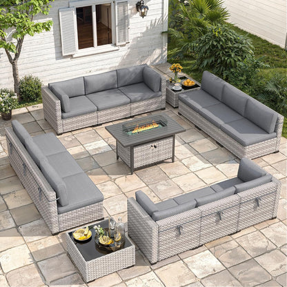 6-Seat Modern Outdoor Wicker Rattan Patio Furniture Set with 55,000 BTU Fire Pit Table, Thick 4″ Cushions, All-Weather Dual-Strand Rattan, Rust-Resistant Steel Frame
