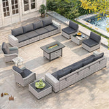 Maison Backyards Outdoor Wicker Sectional Sofa Set with Swivel Chairs & Fire Pit Table