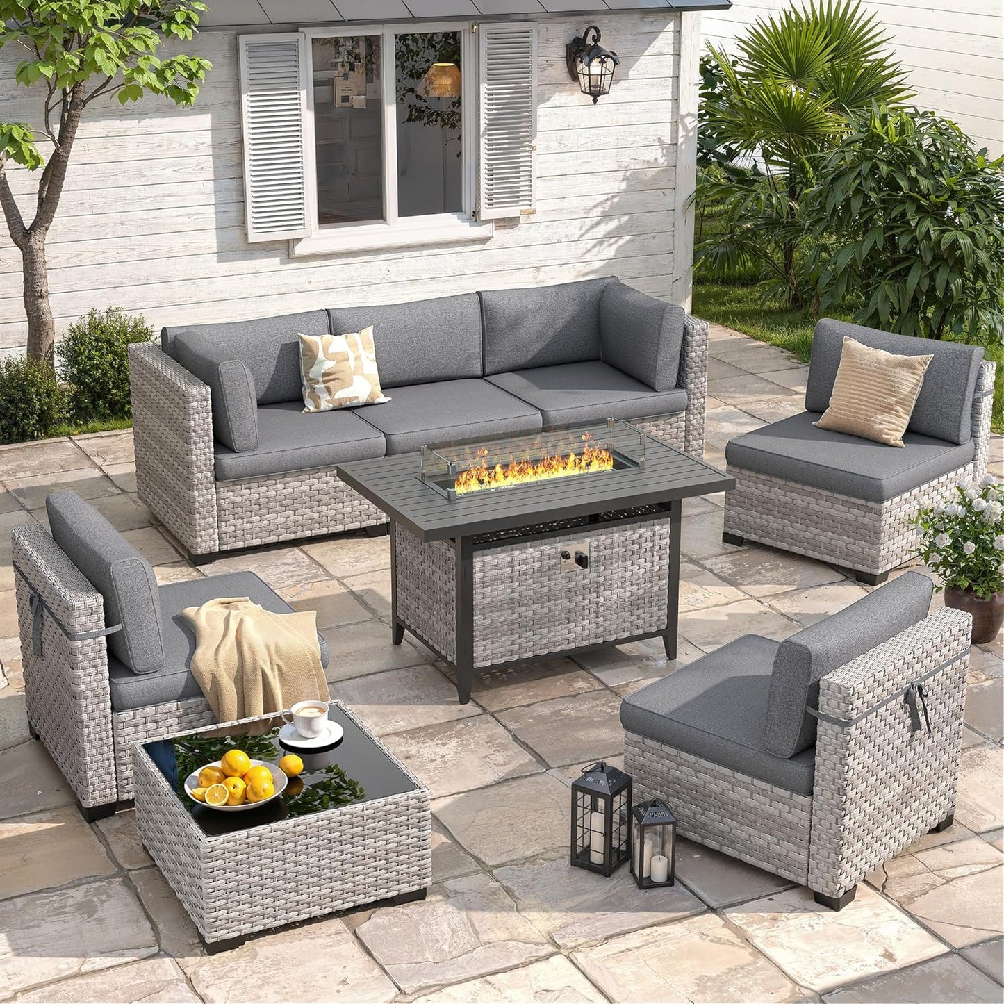 6-Seat Modern Outdoor Wicker Rattan Patio Furniture Set with 55,000 BTU Fire Pit Table, Thick 4″ Cushions, All-Weather Dual-Strand Rattan, Rust-Resistant Steel Frame
