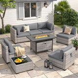 Six-seat wicker patio set with fire pit table — product image 11 of 40