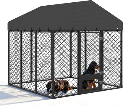 Heavy Duty Outdoor Dog Kennel with Roof – Large Dog Enclosure & Weatherproof Dog House, Secure Metal Fence Playpen with Double Lock & Feeding Swivel Door for Big Dogs