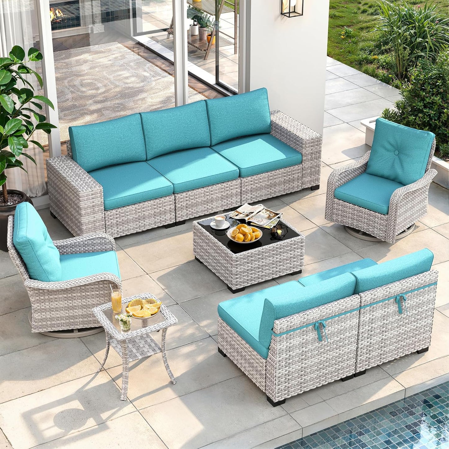 Outdoor Wicker Rattan Sectional Sofa Set with Swivel Chairs & Fire Pit Table, with 4" Thickened Cushions & Coffee Table, All-Weather PE Rattan for Garden, Backyard, Porch