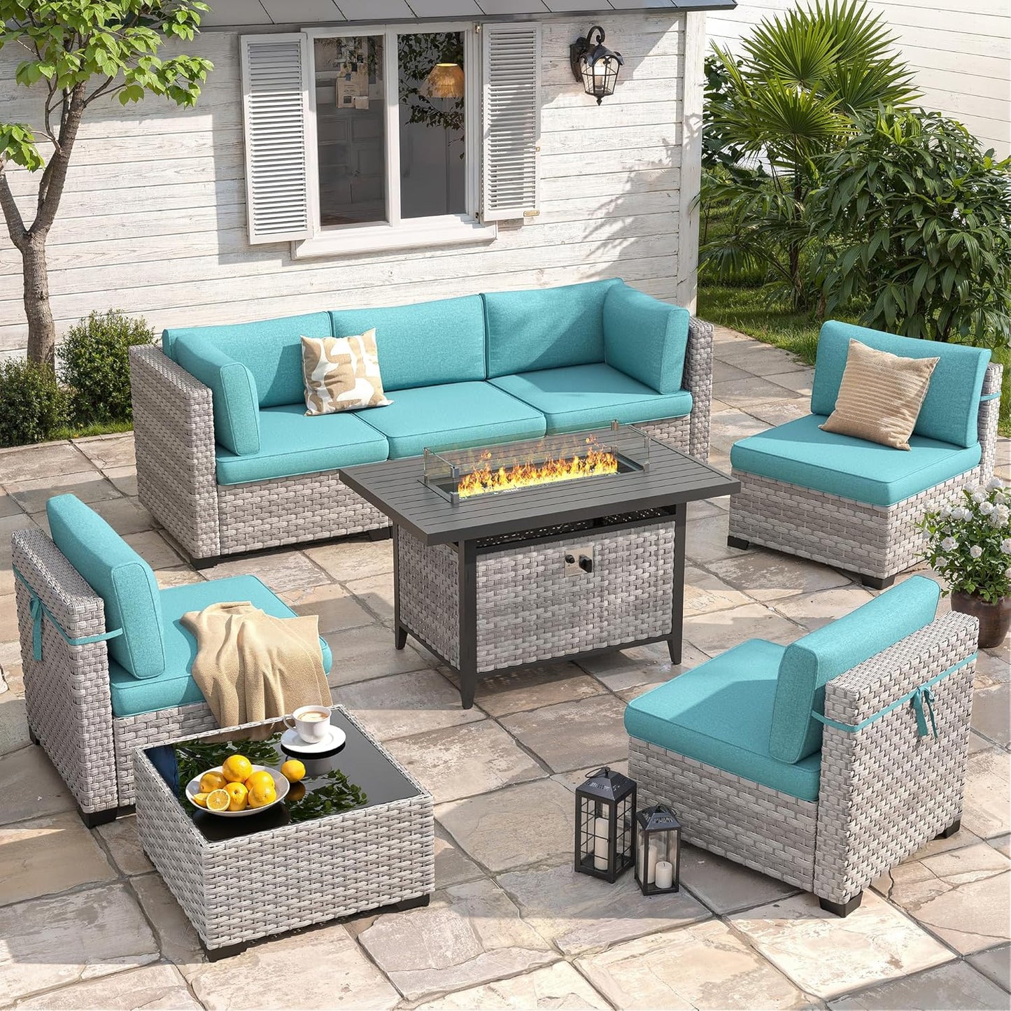 6-Seat Modern Outdoor Wicker Rattan Patio Furniture Set with 55,000 BTU Fire Pit Table, Thick 4″ Cushions, All-Weather Dual-Strand Rattan, Rust-Resistant Steel Frame